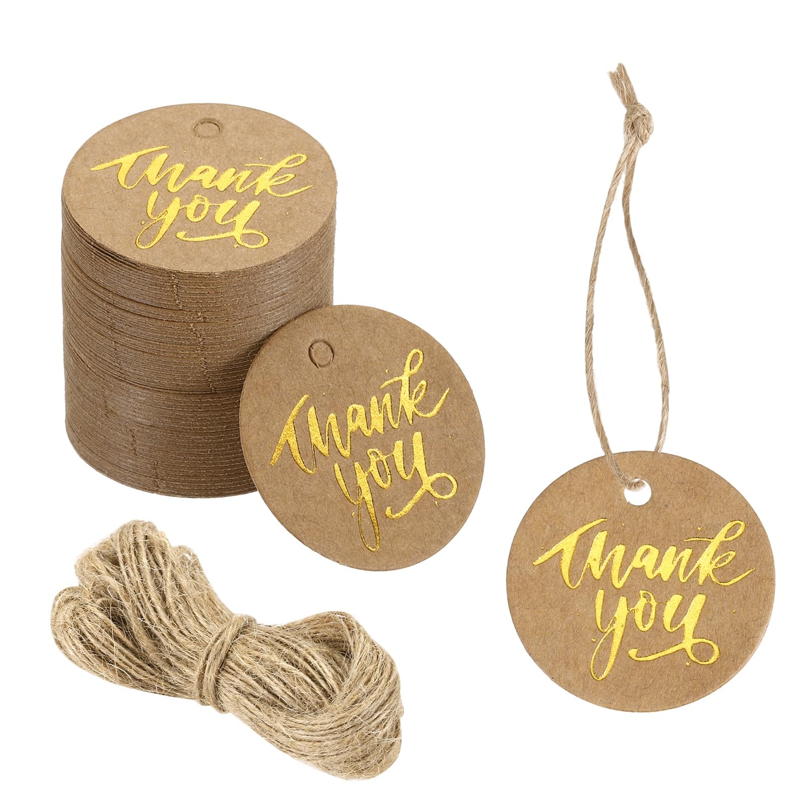 DEFANEX 100pcs Thank You Gift Tags (1 Inch) - Round Paper Tags Gold Foil Letter Labels with String, for DIY Crafts Wedding Birthday Party Gift Wrapping Favours, Brown
