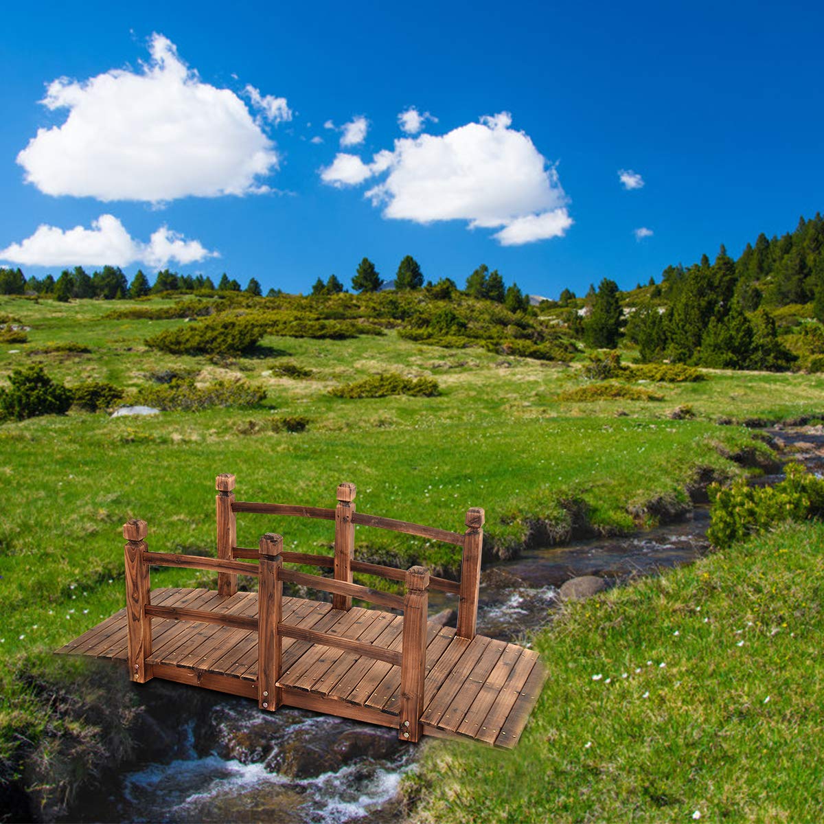GOPLUS Holzbrücke aus Tannenholz, Gartenbrücke bis 100 kg, Teichbrücke Braun, Zierbrücke mit Geländer, 150x67x55cm (Braun)