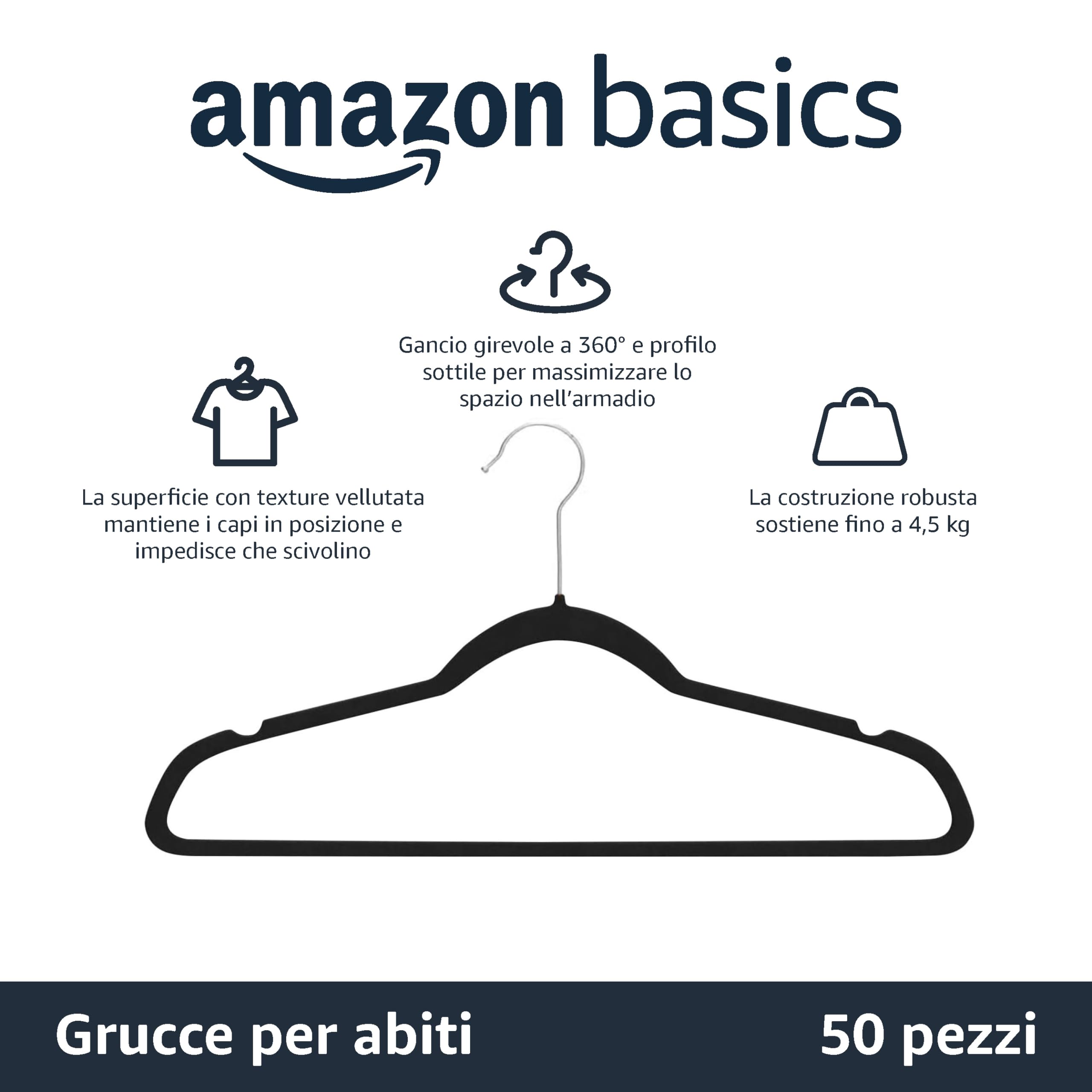 Amazon Basics Gruccia in velluto con portapantaloni, 50 pezzi, Nero