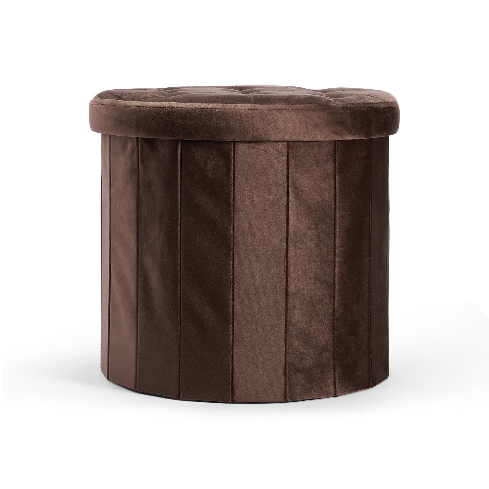 OHS Storage Ottoman Round Matte Velvet Foldable Pouffe with Lid, Chocolate