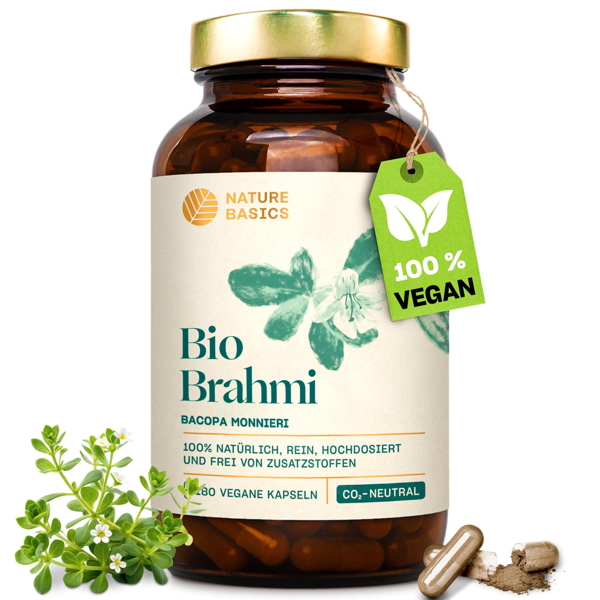 Bio Brahmi - 180 Kapseln hochdosiert / 1000 mg Brahmi Bacopa Monnieri pro Tagesdosis/Ayurveda Nahrungsergänzung/Vegan, Zertifiziert & Nachhaltig im Glas