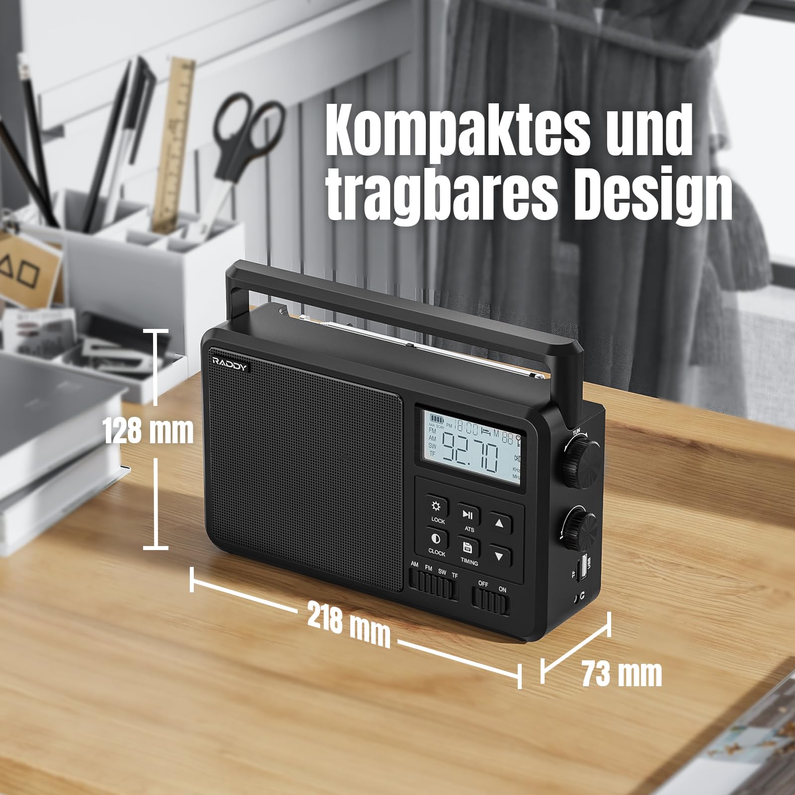 Raddy RF206 Tragbares Kurzwellenradio, Digitalradio, AM/FM-Empfänger, 8W-Lautsprecher, LCD-Display, Unterstützung für BT/TF-Karte/USB-Wiedergabe, AC/AA-Batteriebetriebenes Radio für Zuhause