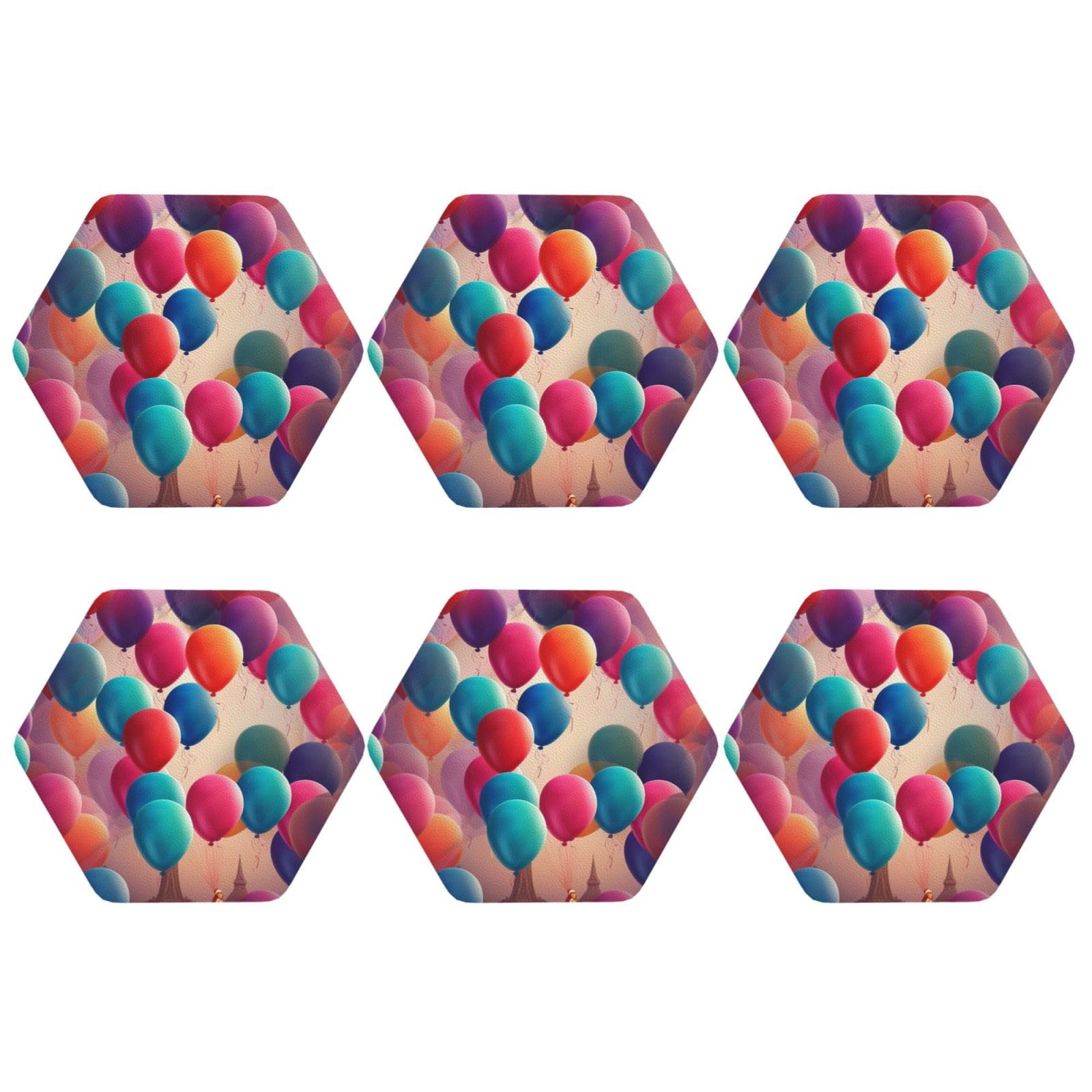 6Pcs PU Leather Coaster for Drinks, Balloon Cup Coastersr 4" Cup Mat Pad, Aesthetic Drink Coasters for Coffee Table, Hexagon Coaster for Tabletop Protection