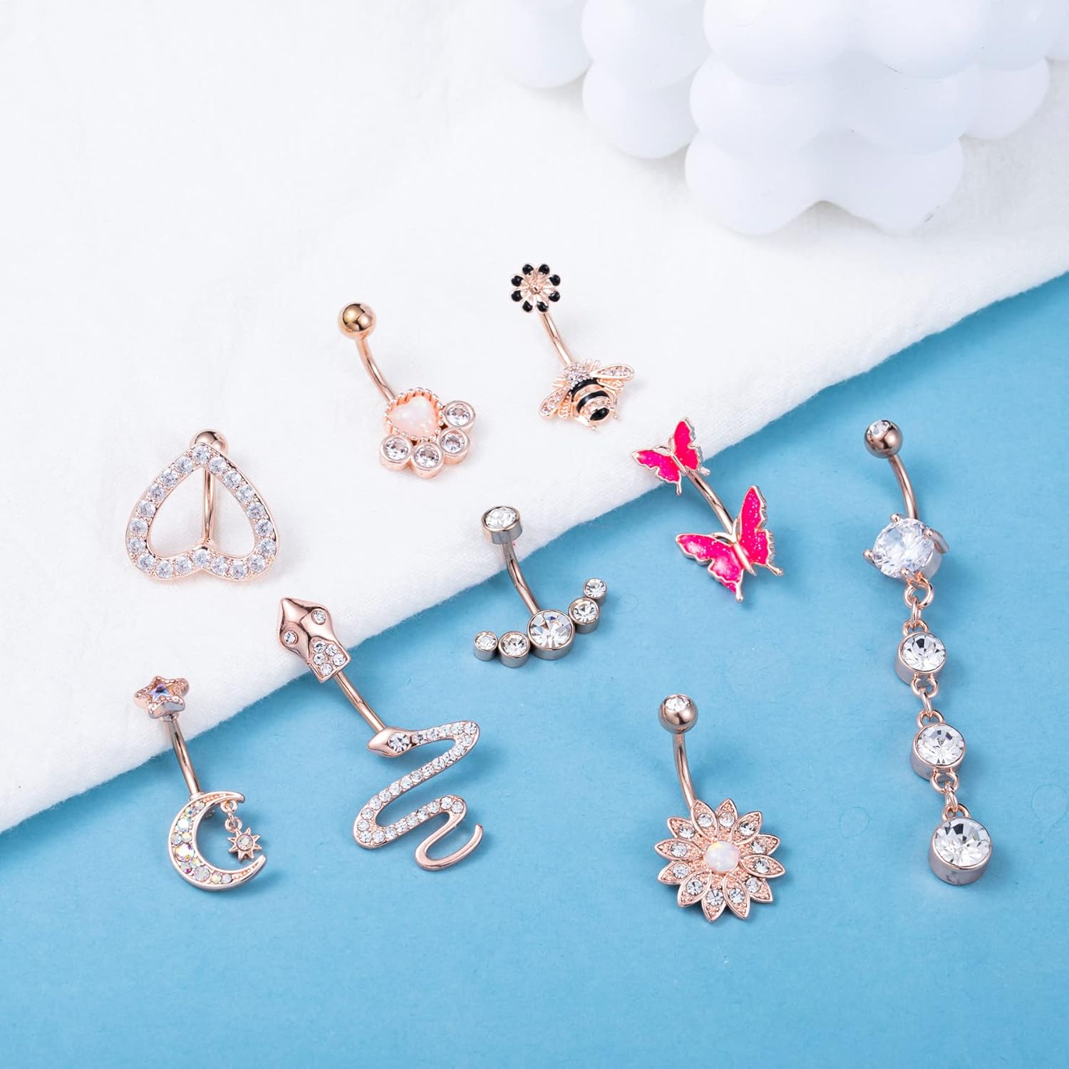 9PCS Stainless Steel Belly Button Rings Dangle Belly Rings for Women Heart Moon Snake Flower Navel Rings Body Jewelry Piercing - Image 2