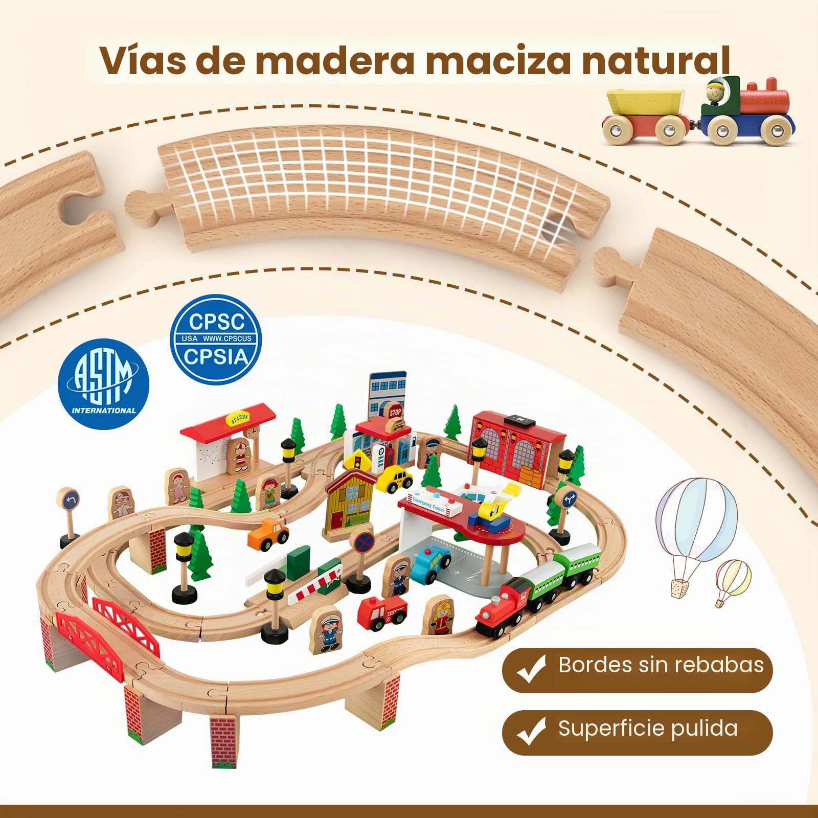 FANTASK Mesa de Juego de 84 Piezas de Madera, Juego de ferrocarril Infantil con Tablero y cajón Reversibles y extraíbles, Mesa de Actividades para Jugar, Pintar, Leer, Comer, Juguetes para niños a