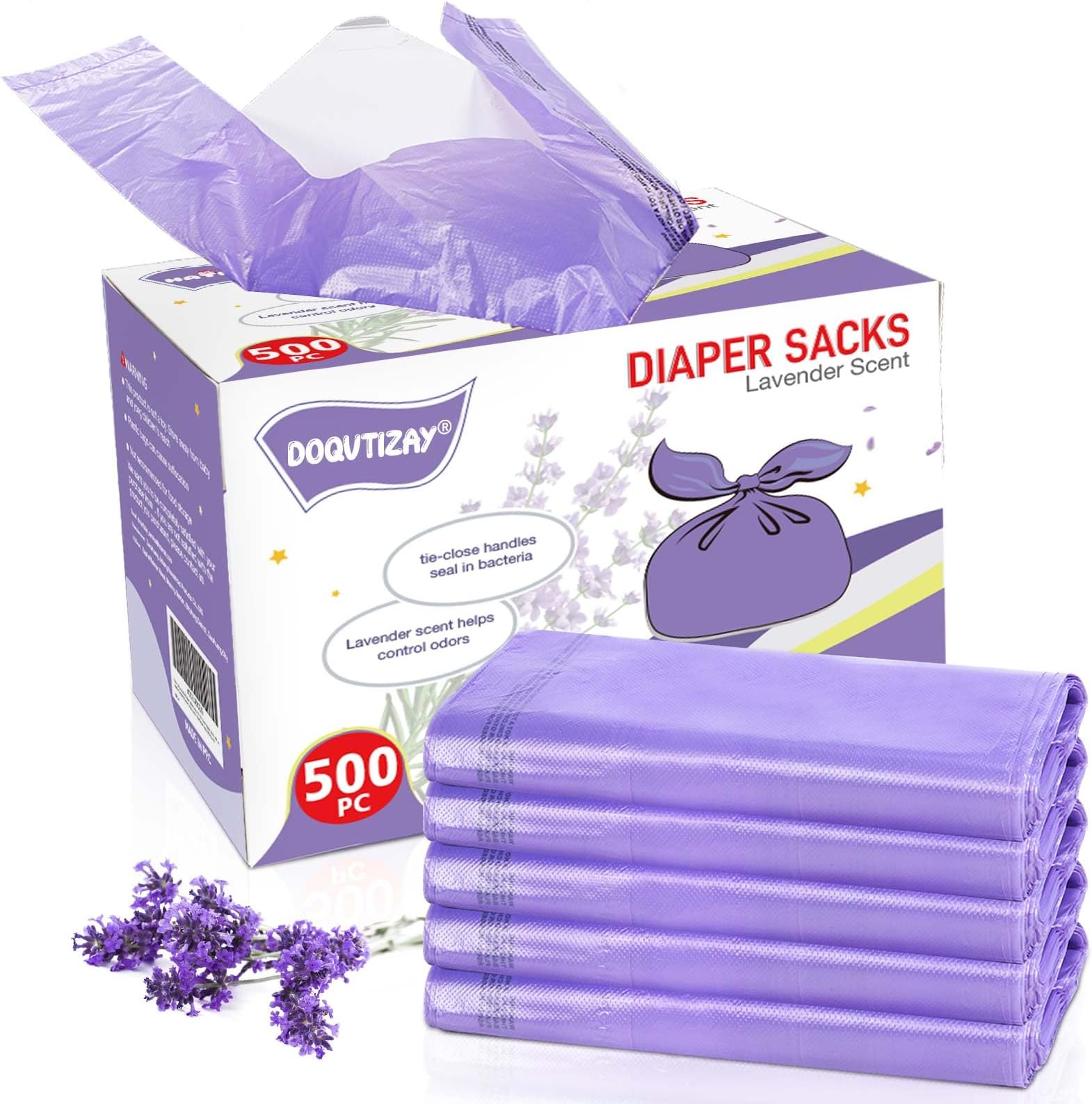 DOQVTIZAY Baby Disposable Diaper Bags Easy-to-Tie Tabs Diaper Sacks with Lavender Scented Diaper Disposal or Pet Waste Bags (500 Count)