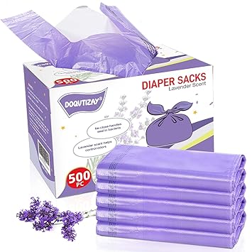 Baby Disposable Diaper Bags Easy-To-Tie Tabs Diaper Sacks with Lavender Scented Diaper Disposal or Pet Waste Bags (500 Count)