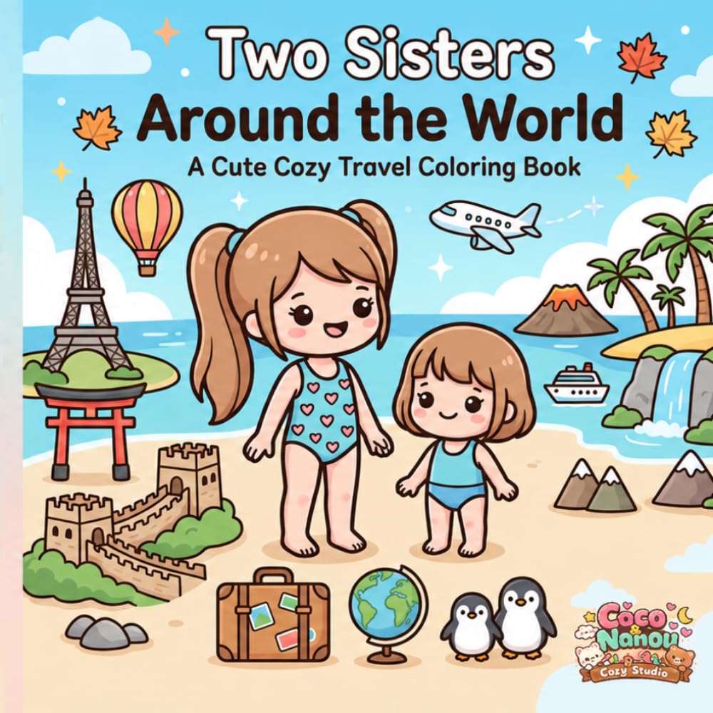 Two sisters around the world: A Cute Cozy Travel Coloring Book