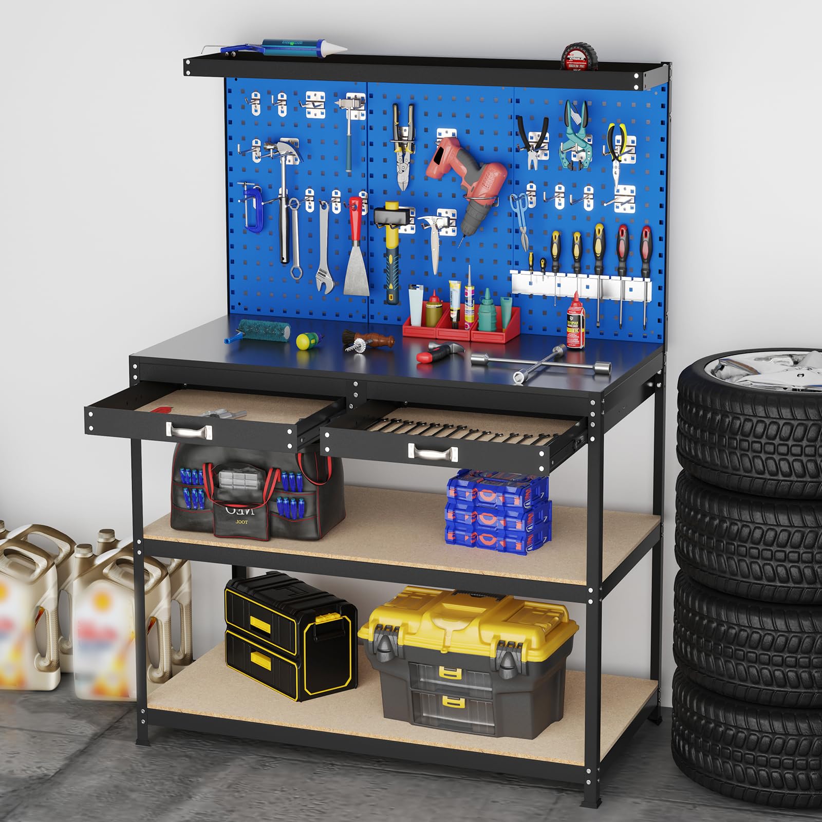 SOARS Banco da Lavoro, Organizer per Attrezzi in Metallo con 3 Pannelli Perforati con Kit di 24 Ganci, 2 Cassetti e 2 Ripiani, Banchi da Lavoro per Officina, Garage (Blu, 121 X 61 X 156 CM)