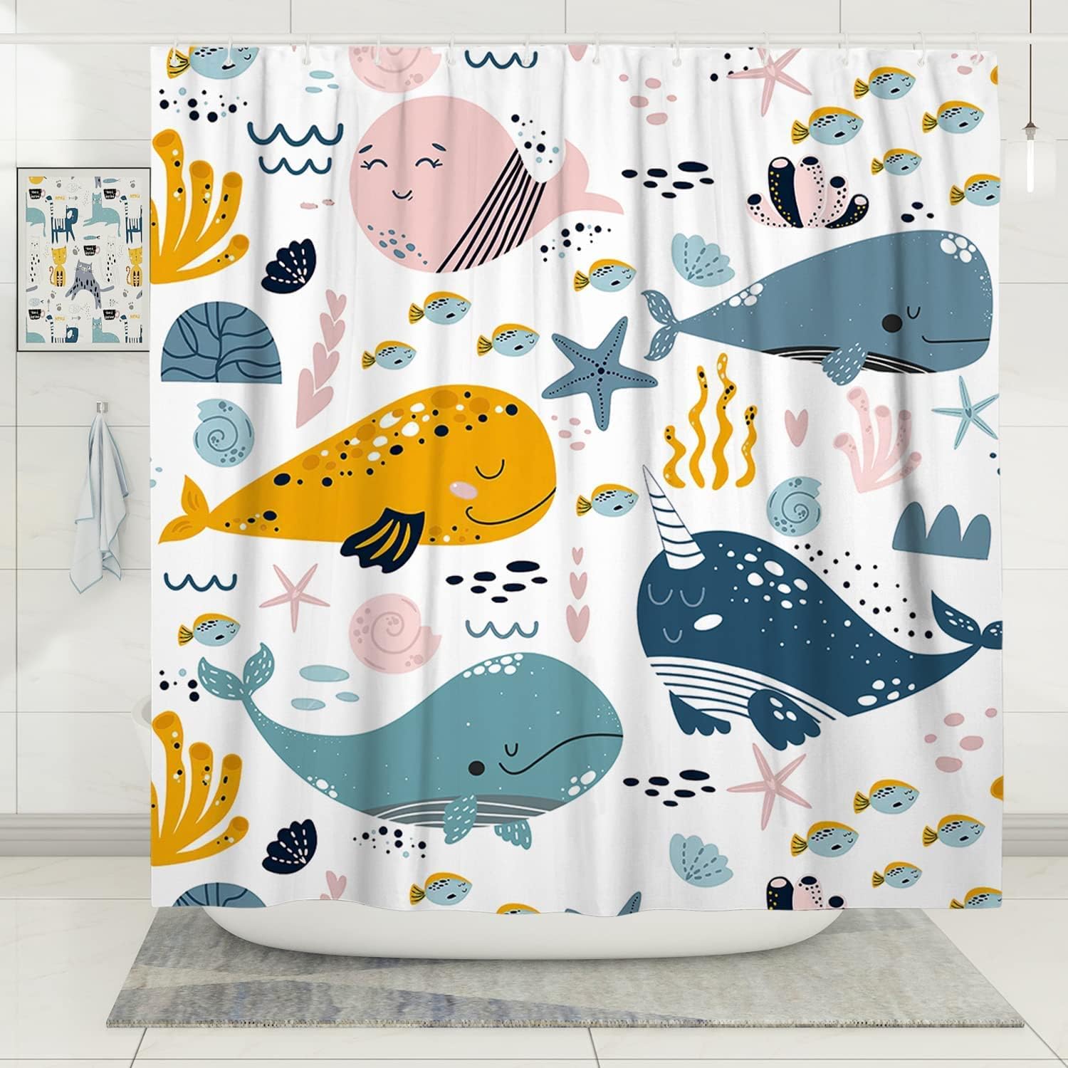 DESIHOM Colorful Whale Shower Curtain Set Cool Funny Ocean Cartoon Shower Curtains for Bathroom Cute Kids Bathroom Decor Polyester Fabric-62" x 72"
