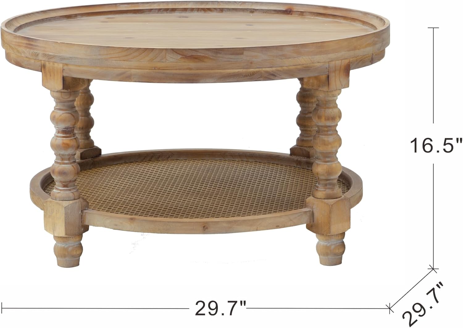 29.7'' Wood Round Coffee Table with Rattan Storage Shelf Farmhouse French Country Rustic 2-Tier Circle Coffee Table Center Table Tea Table for Living Room Apartment Office Natural Wood