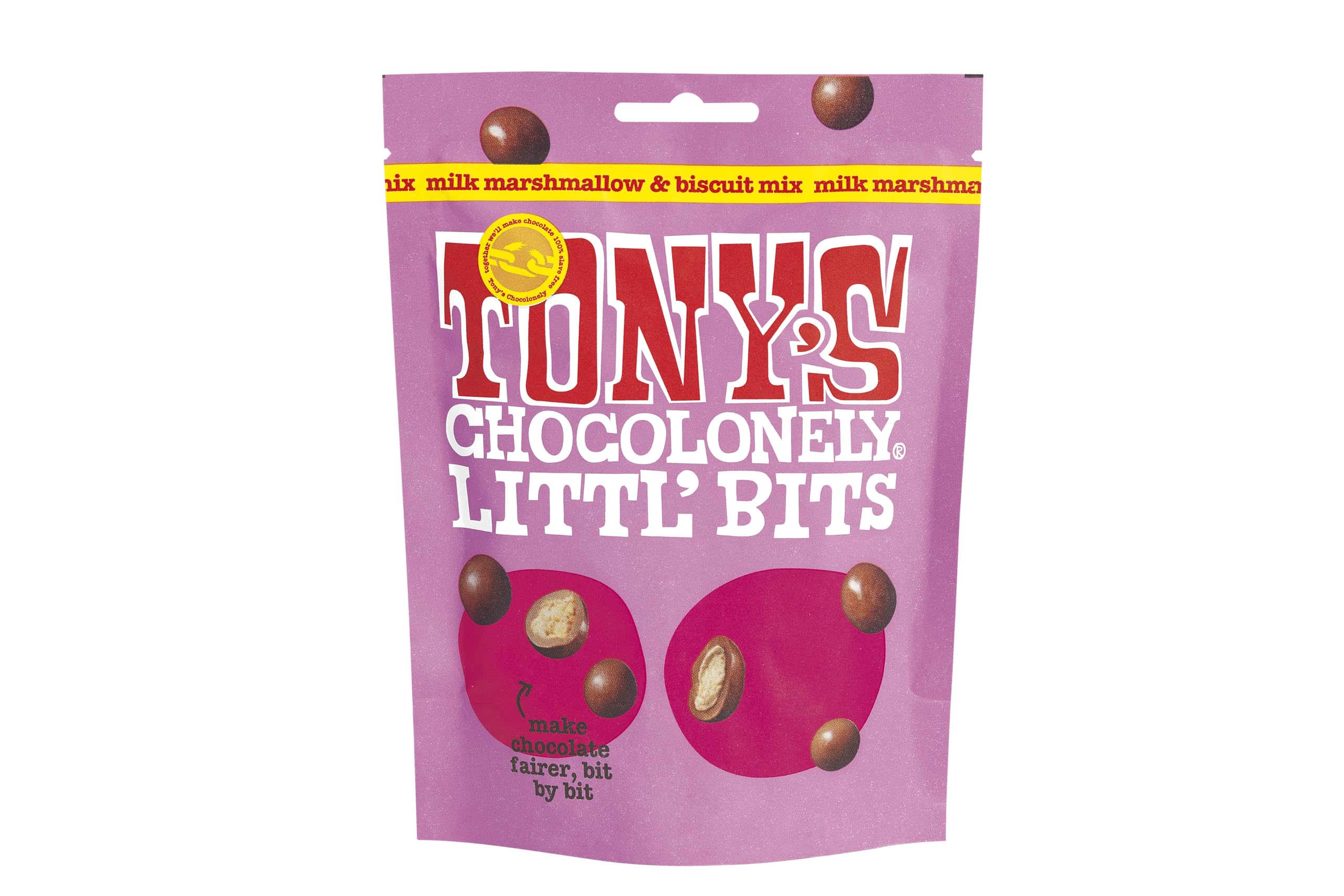 Tony's Chocolonely - Littl’ Bits Chocolate Mix Balls - Mini Milk Marshmallow Biscuit Chocolates in Sharing Pouch - 100gFairtrade InternationalFairtrade InternationalFairtrade InternationalFairtrade International