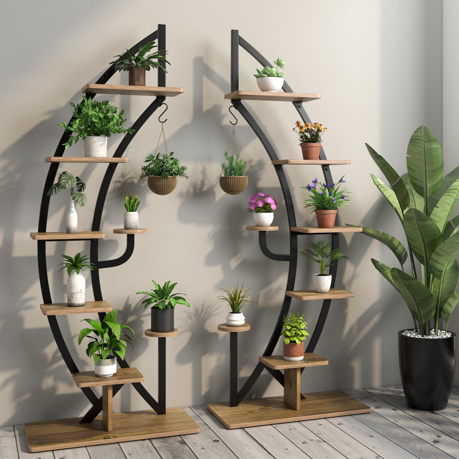 HOMASIS Scaffale Porta Piante a Forma di Mezzaluna, Scaffale per Piante da Interno, Portavasi Elegante da Interni, Espositore per Decorazioni da Balconi, Soggiorni (1, Marrone)