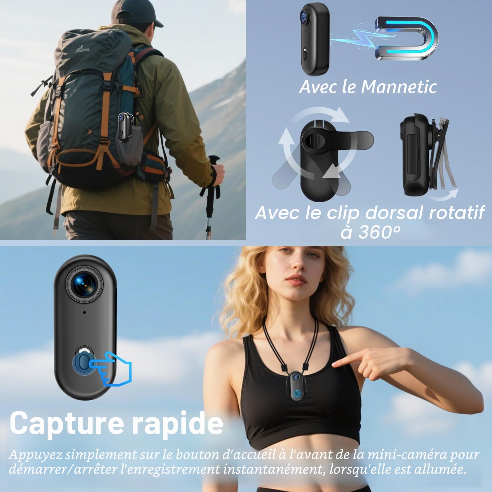 Action Cam WiFi, 1080P Mini Caméra Sport avec 32 Go, Caméra 360°, Vidéo Vélo/Moto Casque, Accessoires Varis pour Voyages/Outdoor/Animaux