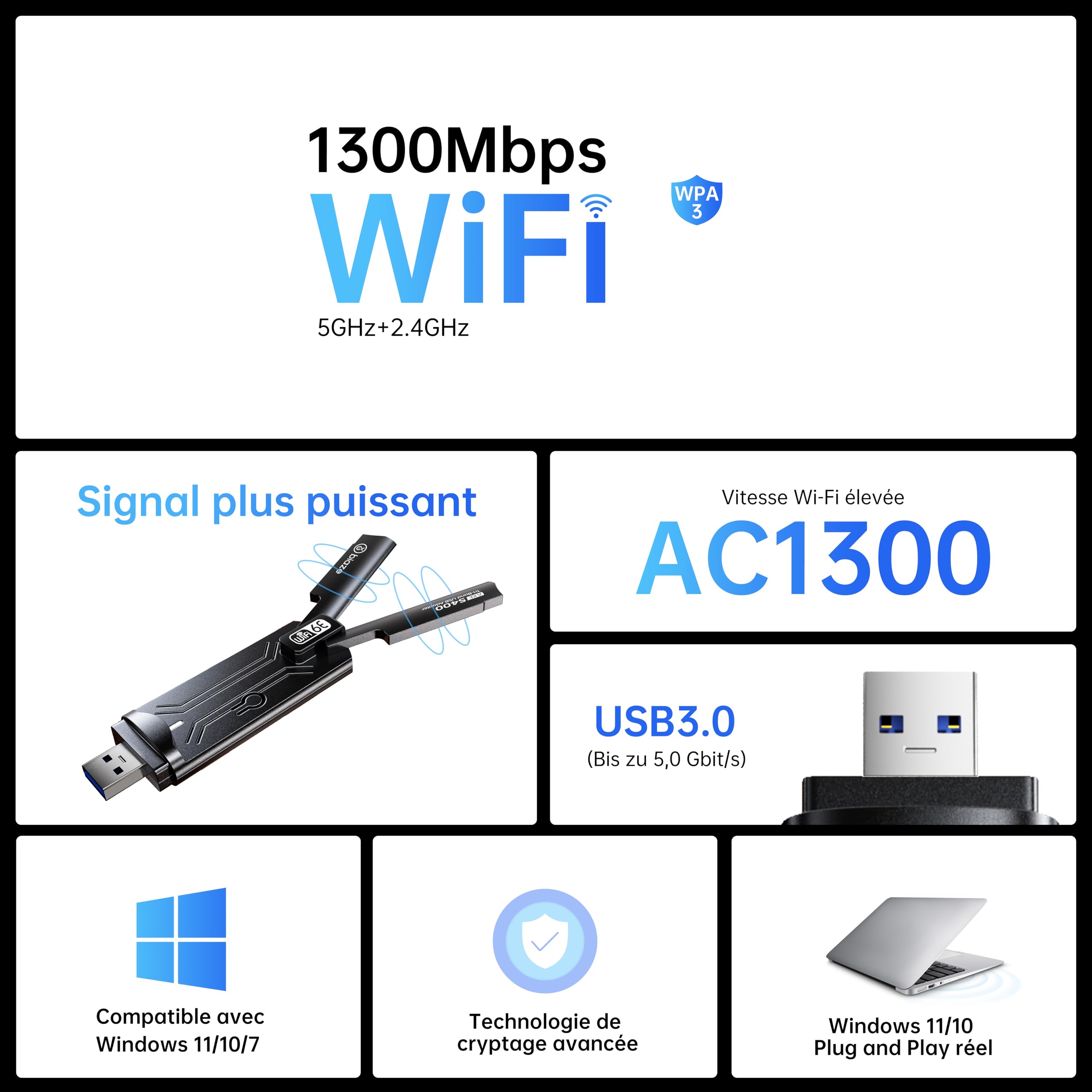 Adaptateur WiFi 6E sans fil 5400 Mbit/s USB 3.0 double bande pour PC ordinateur portable carte réseau Plug and Play antenne externe