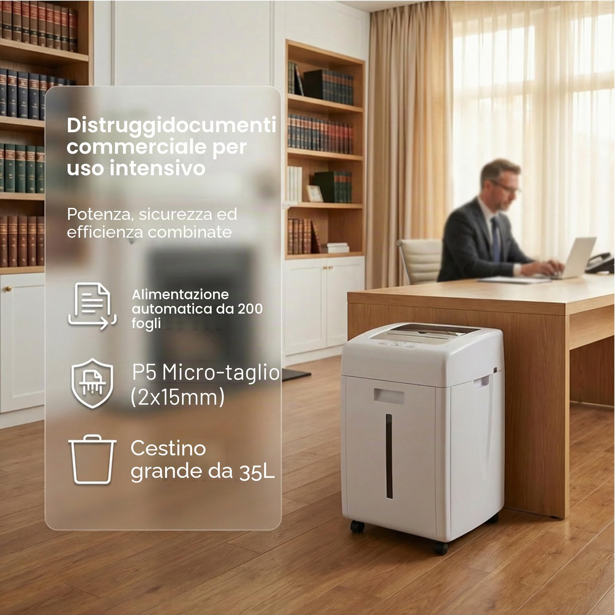 Frantoio Carta 200 fogli: Distruggidocumenti Automatico P5 Micro Taglio 2 x 15 mm Trituratore Carta Elettrica Vassoio 35L CD Schede graffette
