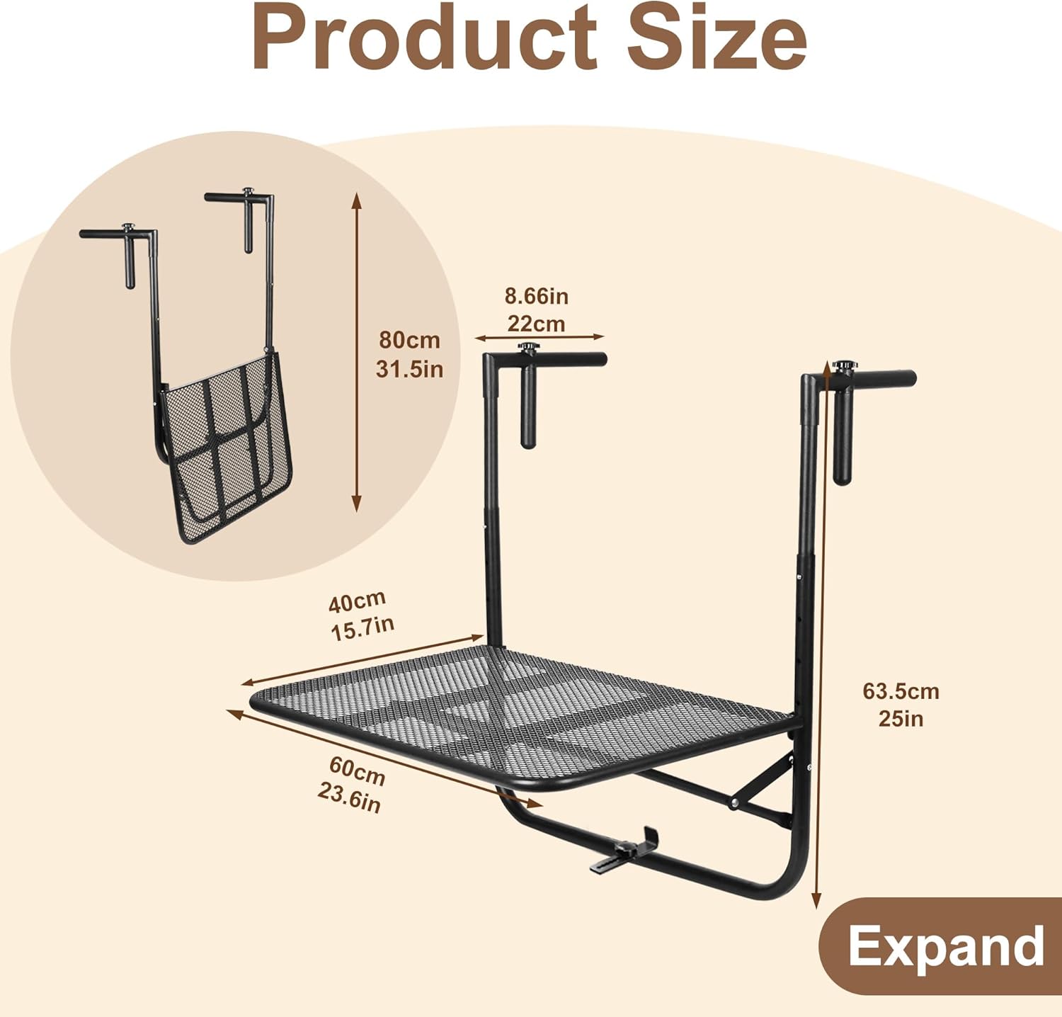 Outdoor Folding Hanging Table ，4 Storey Height Adjustable,Folding Armrest Table,Easy to Install，Suitable for Balcony Deck Outdoor Garden Terrace