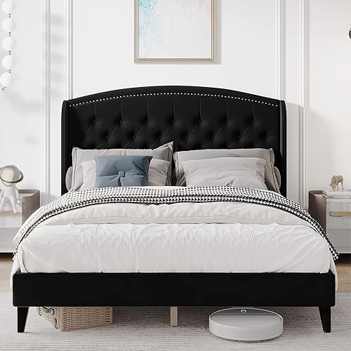 Miniatura 10 de Homhougo Base de cama tamaño King, plataforma tapizada con cabecera con respaldo de ala, base de cama con botones resistentes con soporte de