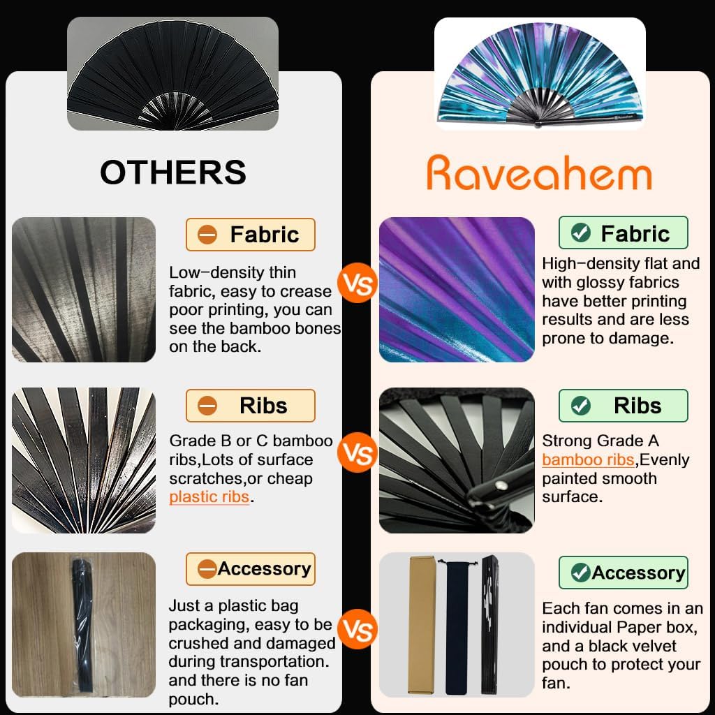 Large Rave Fan, Clack Folding Hand Fan with Premium Fabric, Thick Bamboo Frame for Men Women Gift for EDM, Festival, Club, Party, Dance, Decoration (Holographic Blue-Purple, 11")