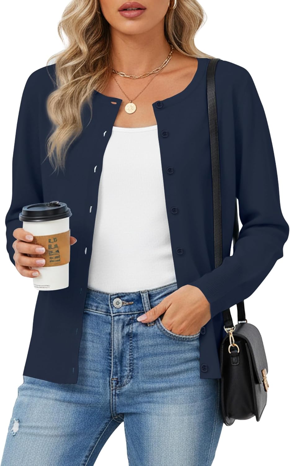 Women's Lightweight Knit Button Front Cardigan Sweater, Long Sleeve Crew Neck Soft Layer for Fall Spring