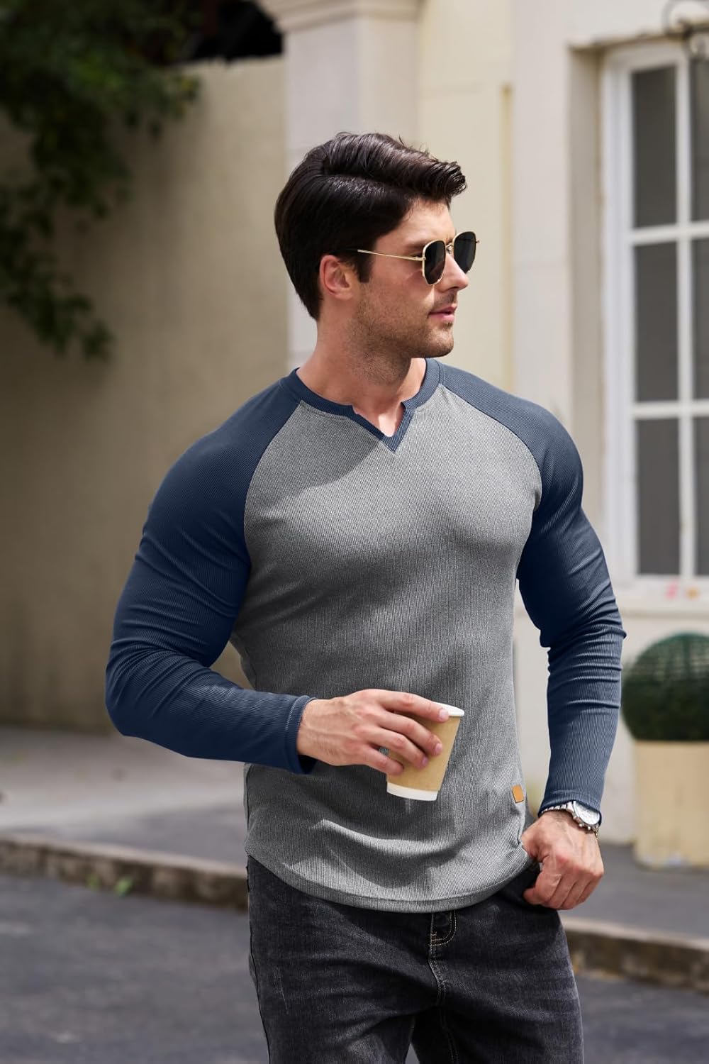 JMIERR Mens Long Sleeve Muscle T Shirts Casual V-Neck Longline Ribbed Tee Shirts - Image 7