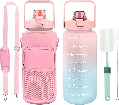 Miniatura 1 de Botella de agua de 64 onzas con manga botellas de agua motivacionales de medio galón con marcador de tiempo y pajita jarra de agua sin BPA para