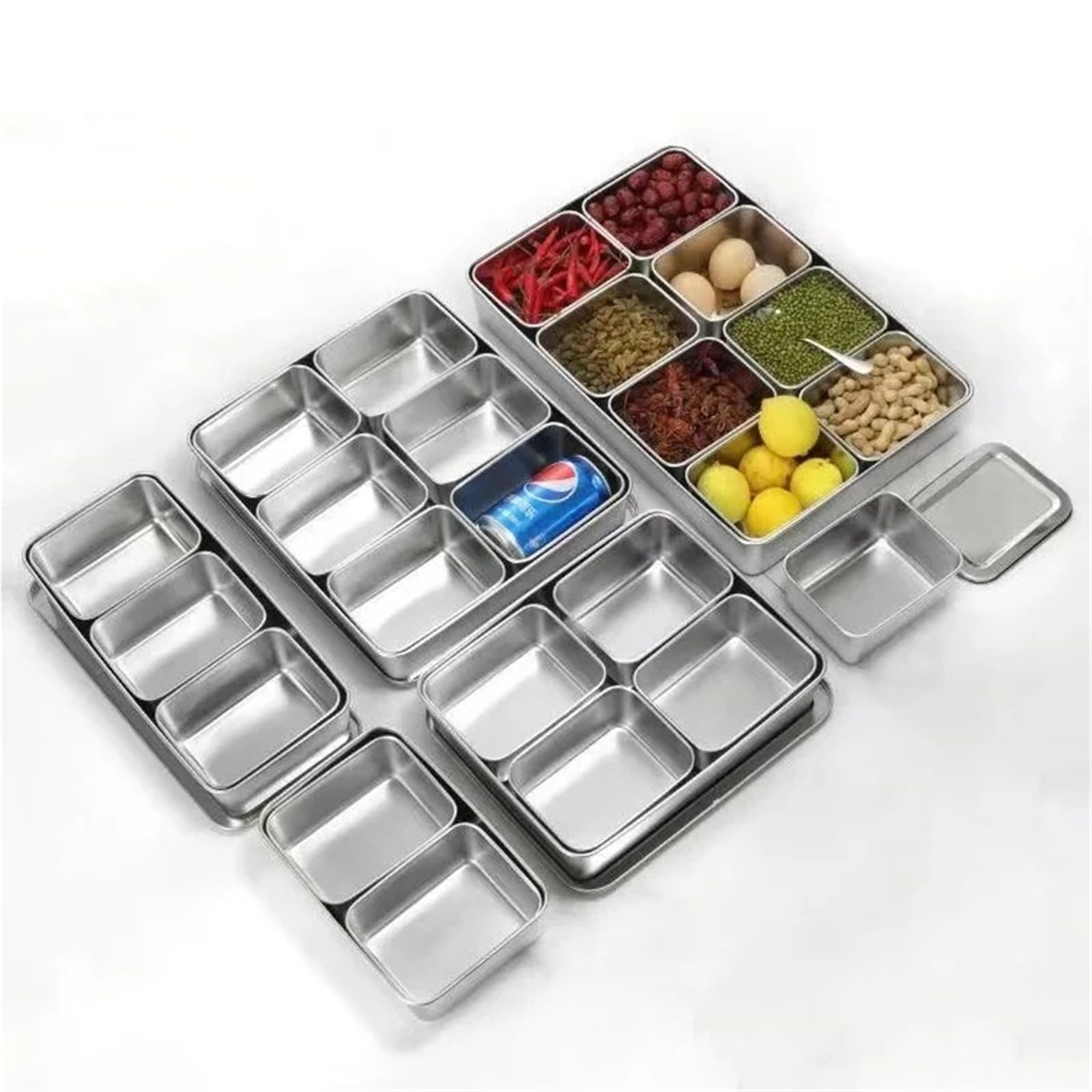 Edelstahlbox 3/4/6 Behälter Pizza-Gewürzbox Zutatenbox Obstsauce mit 6 herausnehmbaren Fächern für Salz, Pfeffer(6 Containers)