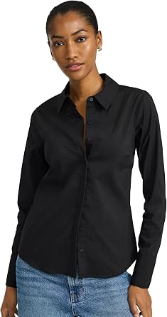 EXPRESS Womens Long Sleeve Stretch Cotton Poplin Essential Shirt | Lightweight Fabric Delivers Breathable Comfort, Wrinkle Resistance, and a Polished Look for Work and Everyday Wear