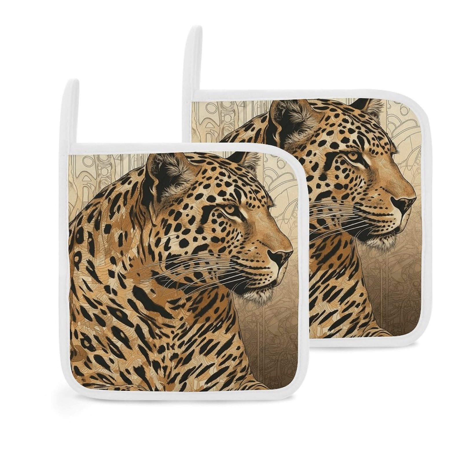 Btcowzrv Style Hand Drawn Leopard 2 Pack Pot Holders For Kitchen, Heat Resistant Potholder Set With Hanging Loops, Hot Pads For Oven Baking Cooking