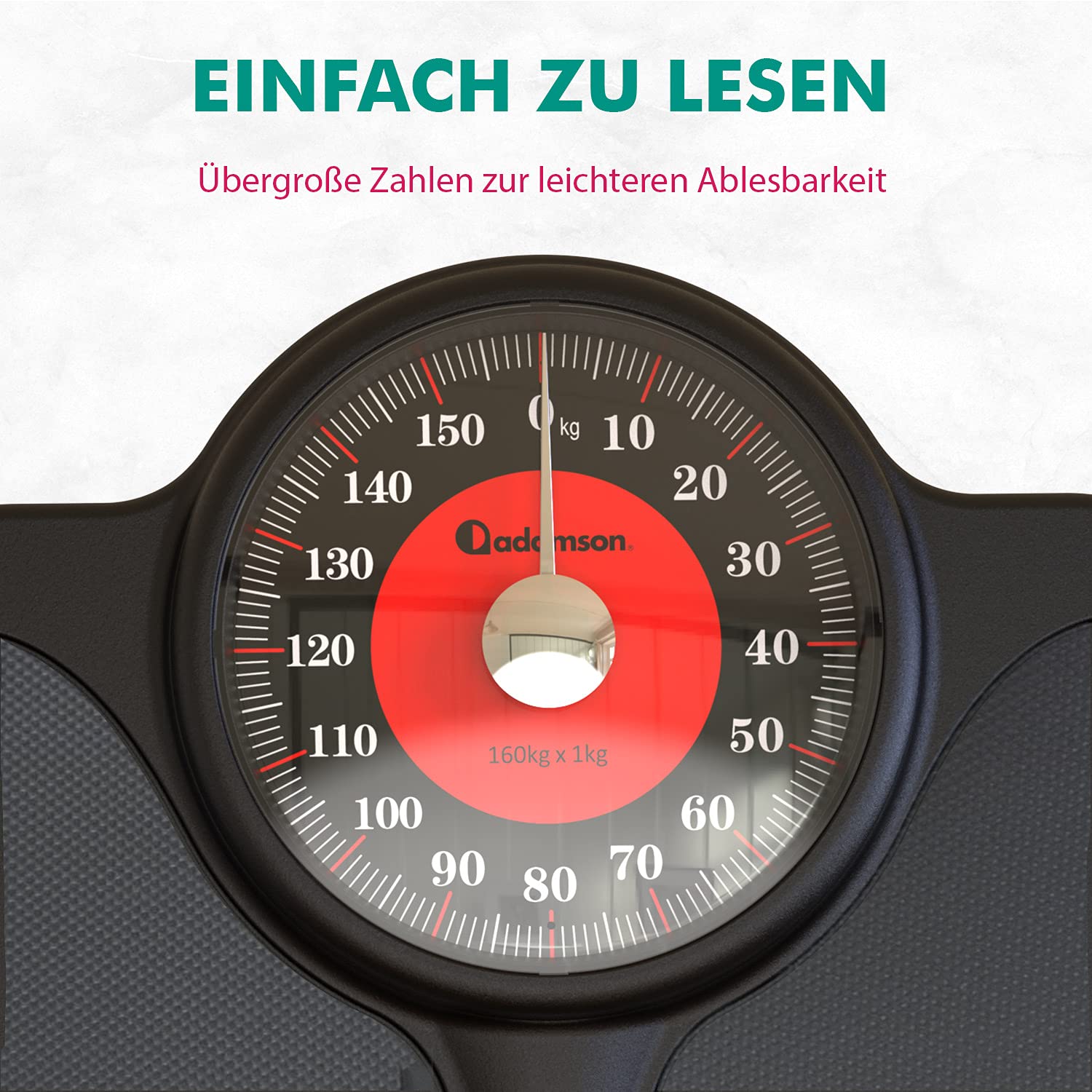 Adamson A23 Waage Für Körpergewicht – Bis Zu 160 KG – ÜBergroße XL-Waage 36X35cm – Rutschfeste Gummioberfläche, Extra Große Zahlen – Hochpräzise Analoge Personenwaage –Langlebig Mit 20 Jahren Garantie