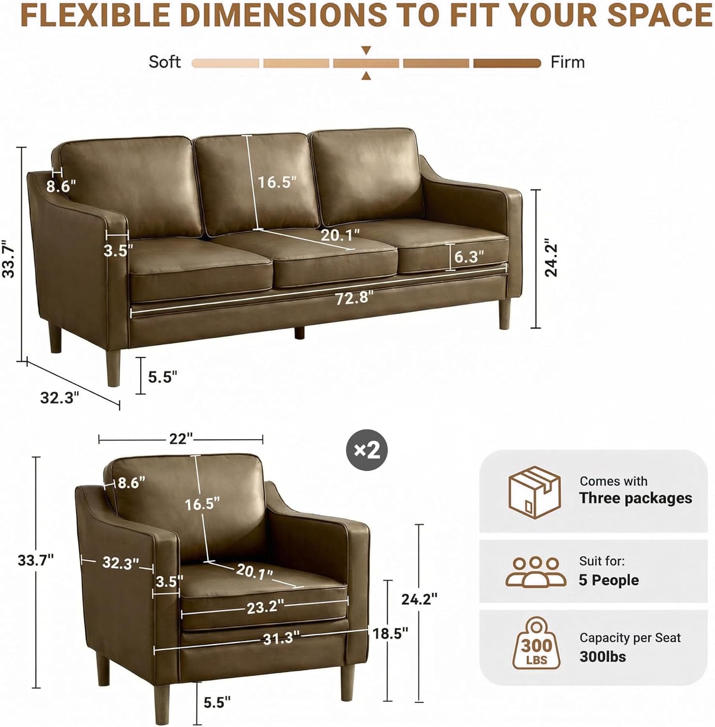 Kingfun Living Room Furniture Sets, 3 Seater Couch and 2 Armchair, Mid Century Modern Sofa Set, Faux Leather Couch with Solid Wood Frame for Living Room & Bedroom, Olive Green