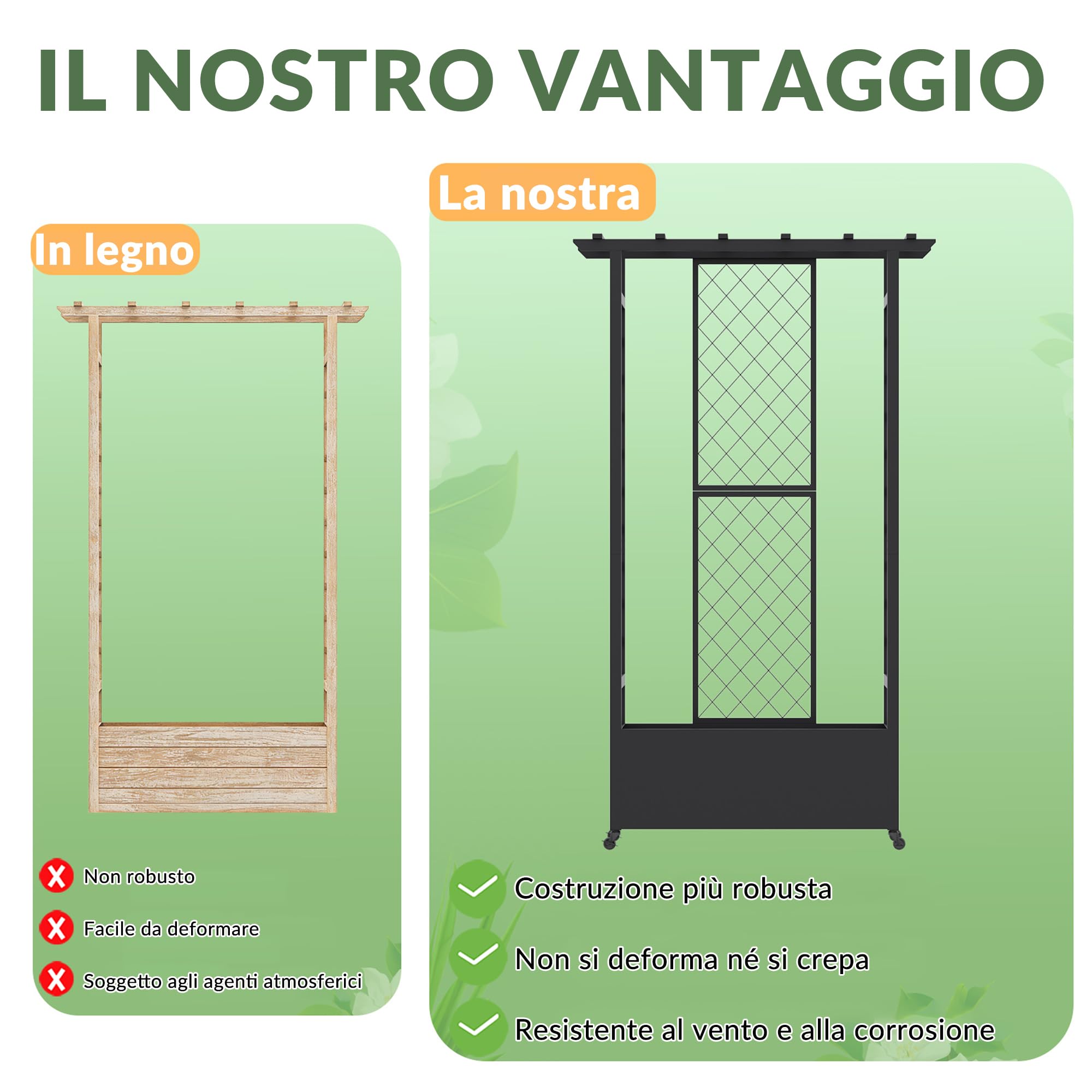 Aiuola rialzata con traliccio e tetto sospeso, fioriera in metallo indipendente con ruote, fioriera rialzata mobile per interni ed esterni per viti, piante rampicanti, fiori, per giardino, patio