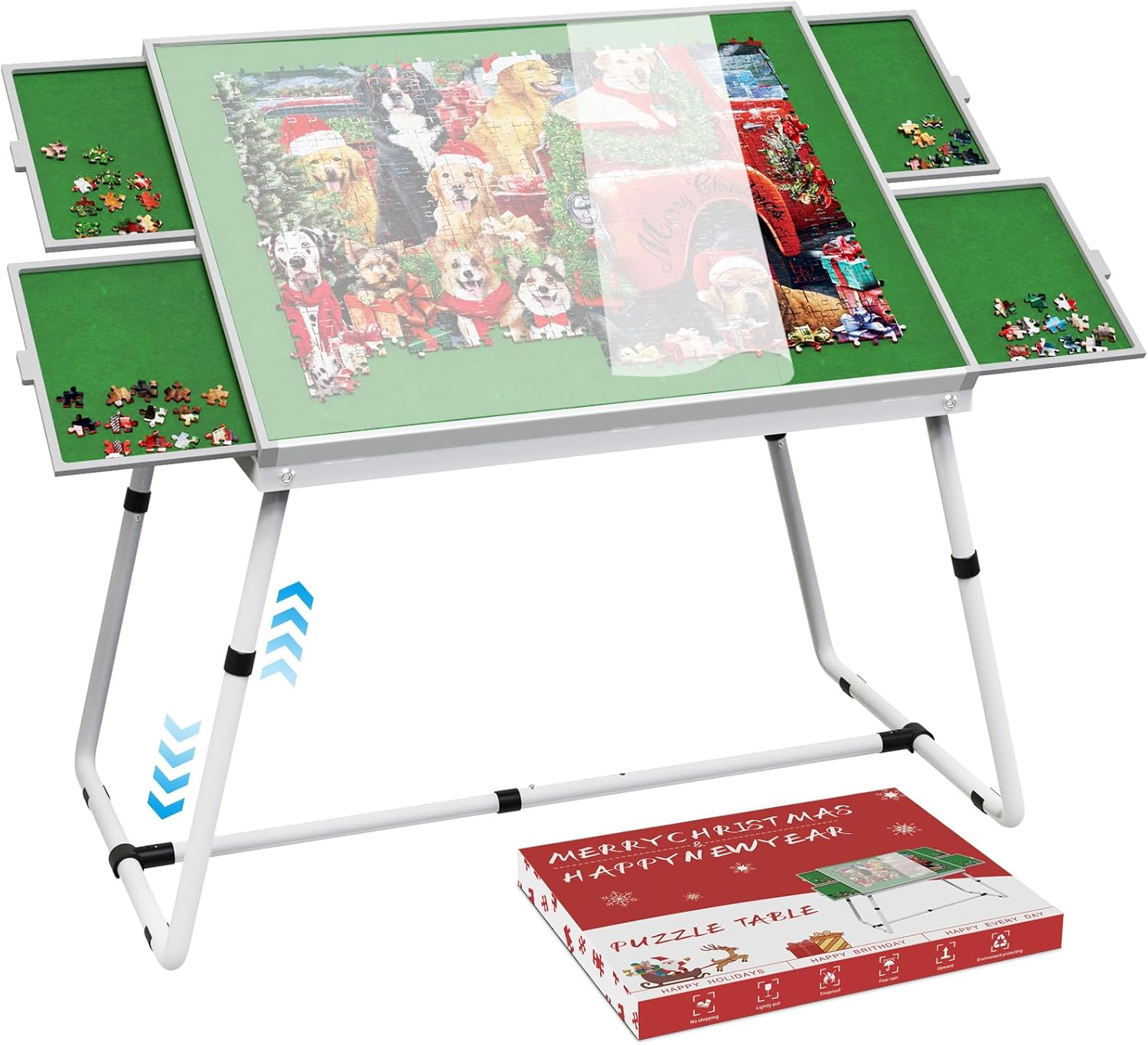 Jigsaw Puzzle Table Adjustable Height-18,28inch,2 in 1 Design Metal Puzzle Table with Legs Aluminium,Puzzle Tables for Adluts and Kids,Foldable Puzzle Table with Drawers,Felt,and Cover Green