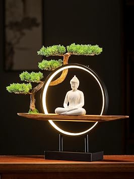 QINLANG Buddha Statue Indoor with LED Circle Light and Green Artificial Tree, White Ceramic Buddha Statues for Home Decor, 16.5 in