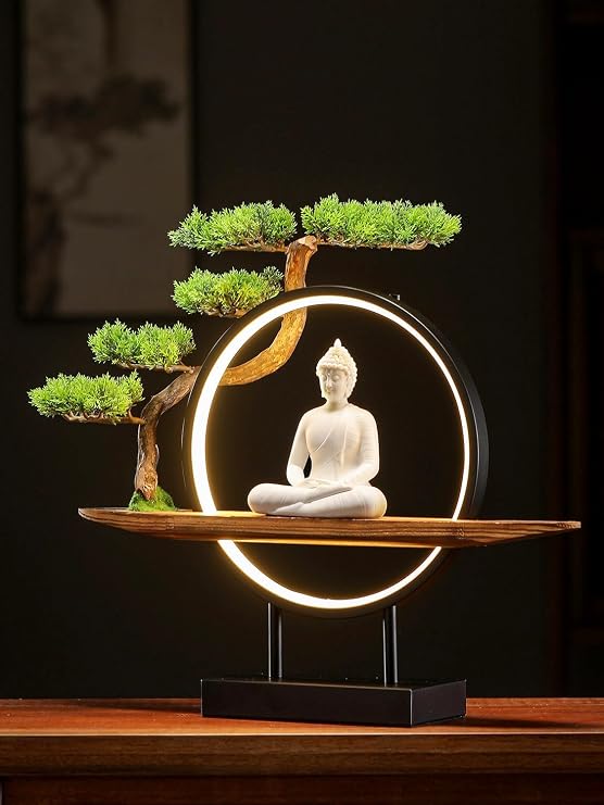 QINLANG Buddha Statue Indoor with LED Circle Light and Green Artificial Tree, White Ceramic Buddha Statues for Home Decor, 16.5 in