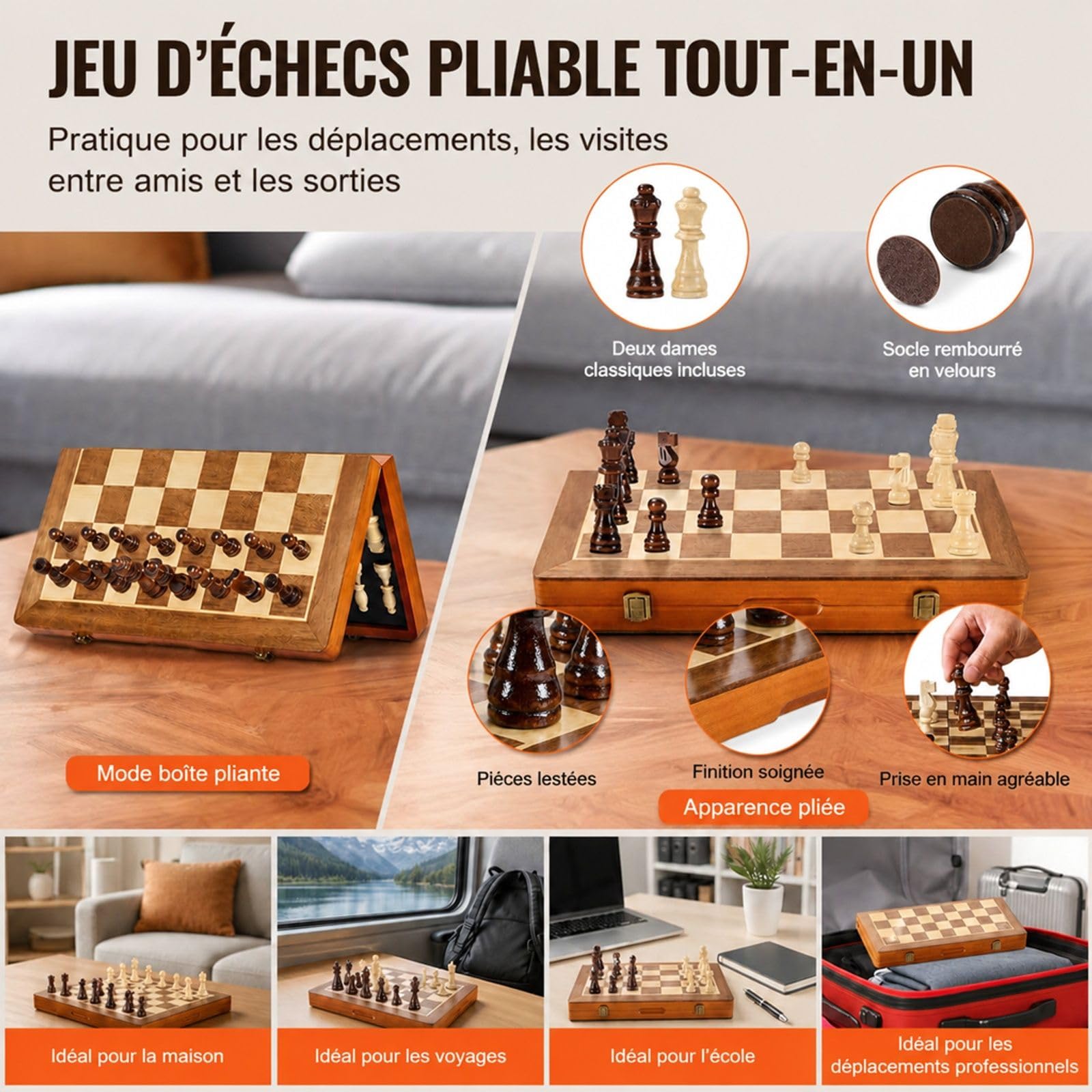 Jeu d'échecs magnétique en Bois, Ensemble 2 en 1 échecs et Dames, échiquier Pliable pour Voyage et soirée Jeux