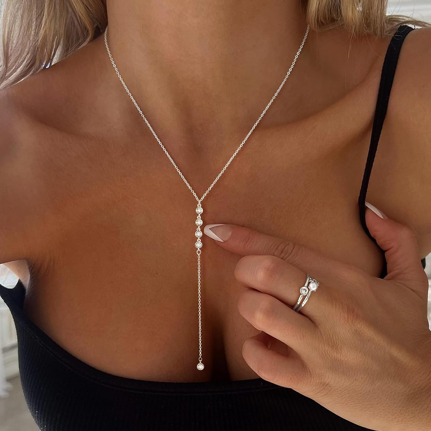 Zeffy Lariat Gold Necklace for Women, Dainty Long Necklace 14k Gold/Silver Plated Layered CZ Beaded Bar Chain Y-Shaped Body Chain Stack Drop Wedding Necklace Trendy Simple Gold Jewelry Gifts