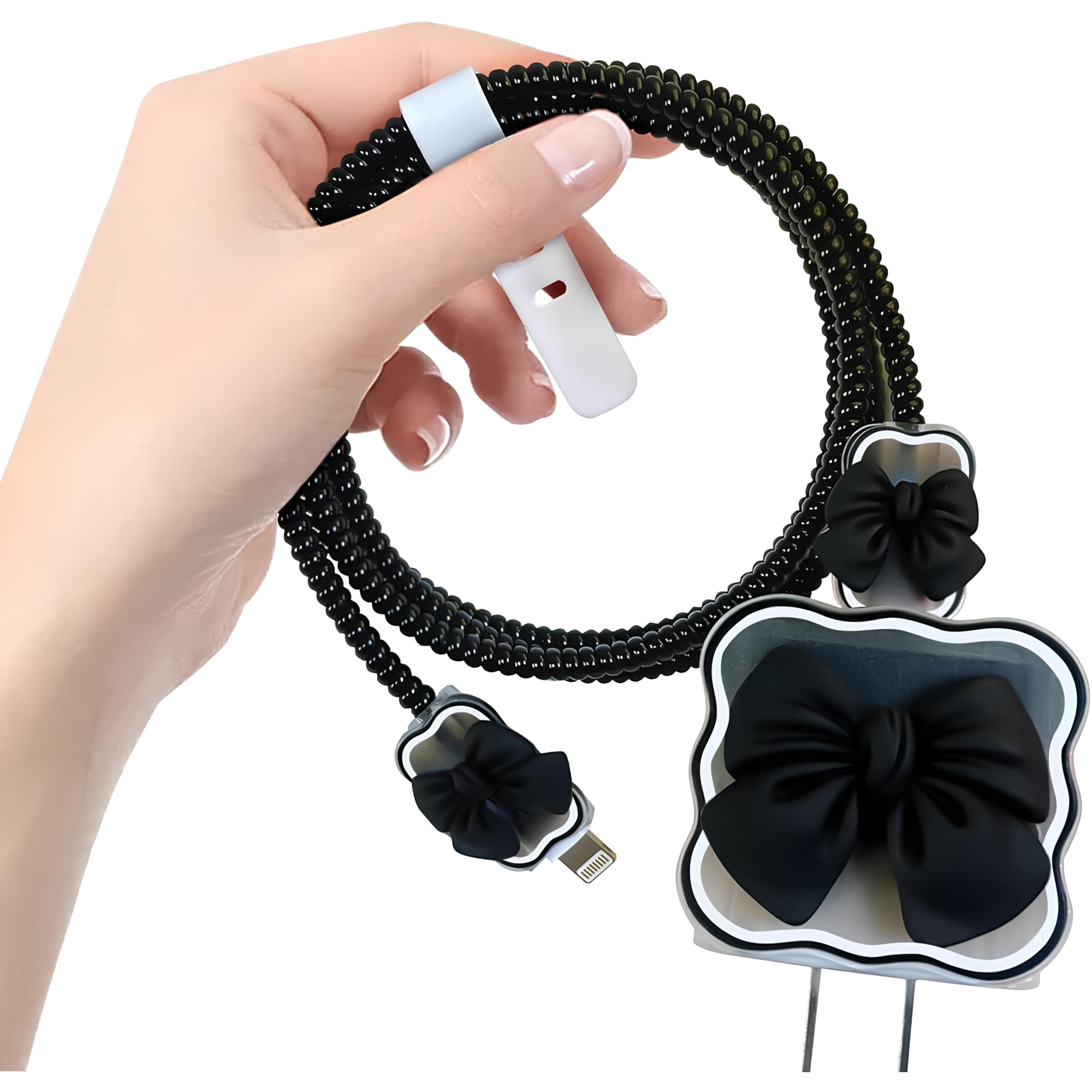 Skysia Cute Bow Design 4-in-1 Charger Case for Apple 18W & 20W – Transparent Cable Protector, Charger Cover & Spiral Wire Saver, Full Protection (Multi-Colored Black)