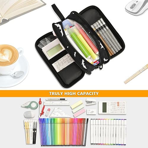 Miniatura 5 de ZAZYXTJ Estuche para lápices de gran capacidad para murciélagos de Halloween, 3 compartimentos, bolsa de lona para maquillaje, escuela, oficina,