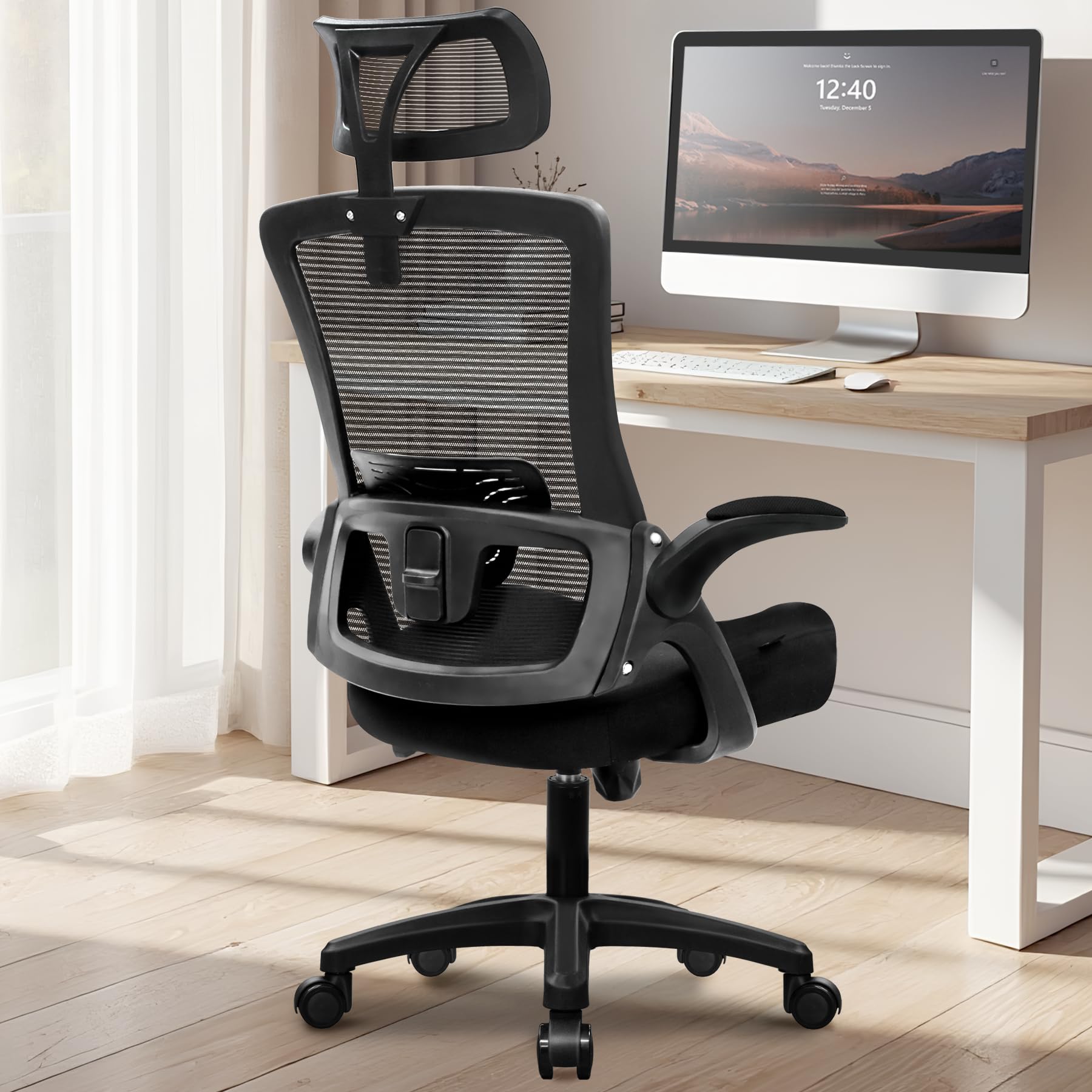 NEO CHAIR Ergonomic Adjustable Home Office Desk Chair High Back Computer Gaming Mesh Chair with Comfy Task Adjustable Arms Lumbar Neck Support Swivel for Home Office (Dark Black)