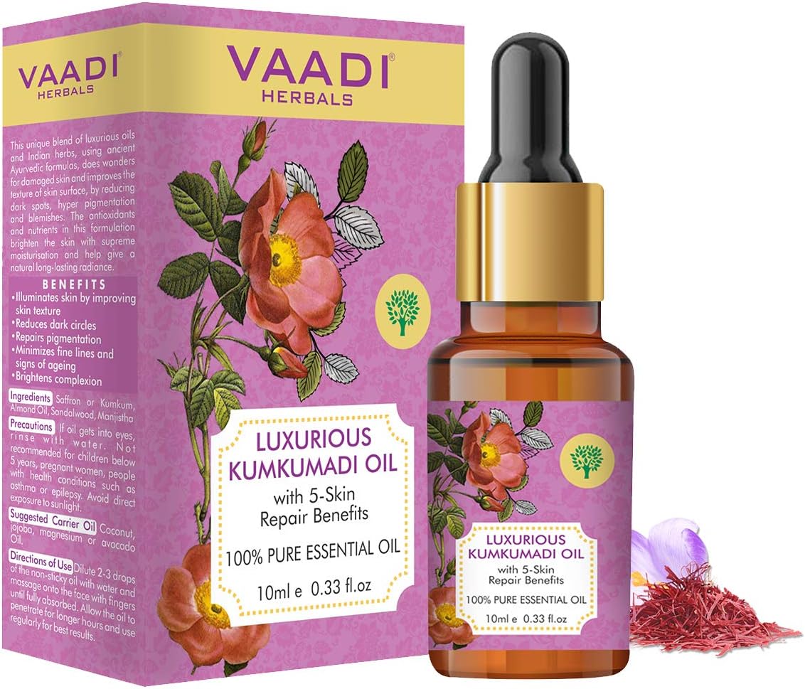 VAADI HERBALS Luxurious Kumkumadi Oil (Pure Mix Of Saffron, Sandalwood, Manjistha & Almond Oil) - Reduces Dark Circles, Pigmentation & Brightens Complexion, 10 ml
