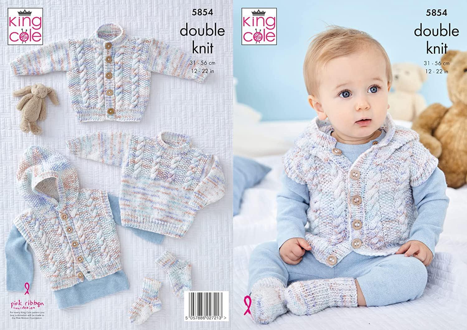 Knitting Pattern Cable Jacket Gilet Sweater & Socks King Cole Double Knit 5854