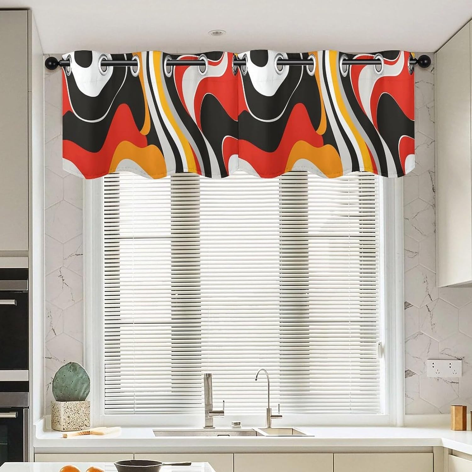 Lines and Curves Valance for Windows, 2 Pack Kitchen Curtains Modern Home Decor, Soft Blackout Window Curtains for Living Room & Bedroom, 18 X 52 Inch