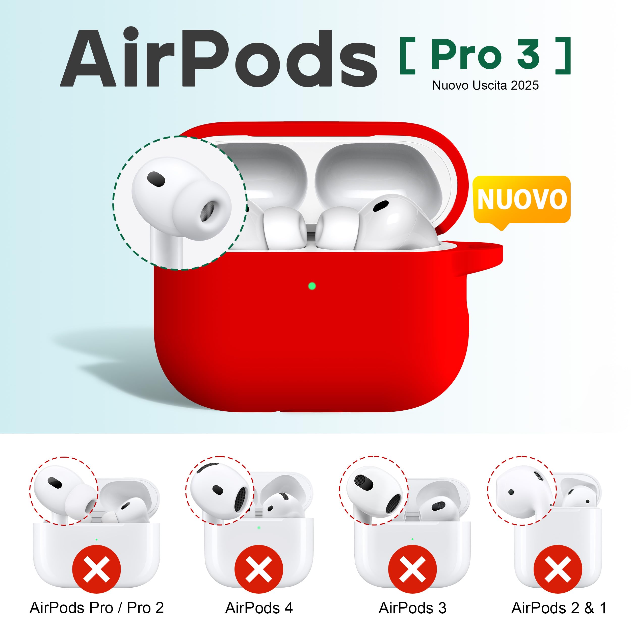 Custodia R-fun per AirPods Pro 3 (2025), custodia protettiva in silicone morbido compatibile con Apple AirPods Pro 3 generazione per donne e uomini con kit di pulizia/portachiavi,Rosso