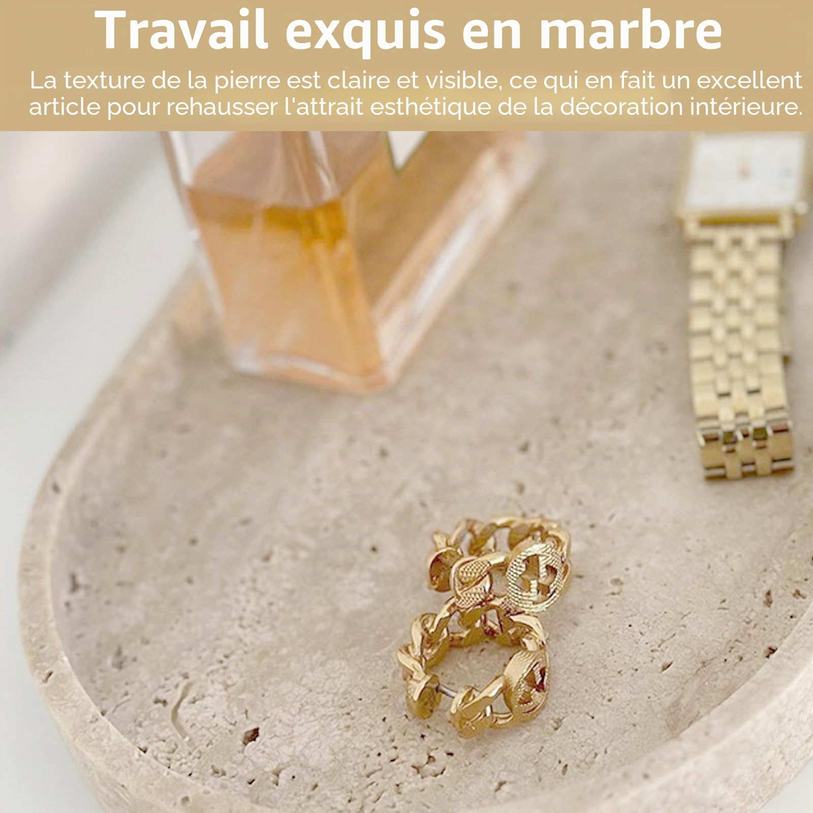 Plateau, Plateau Ovale de Salle de Bain en Travertin Naturel Plateaux Decoratif Beige à Bord Surélevé Plateaux à Bijoux 25 x 12 cm pour Cosmétiques Produits de Soin Bijoux Parfums et Bougies