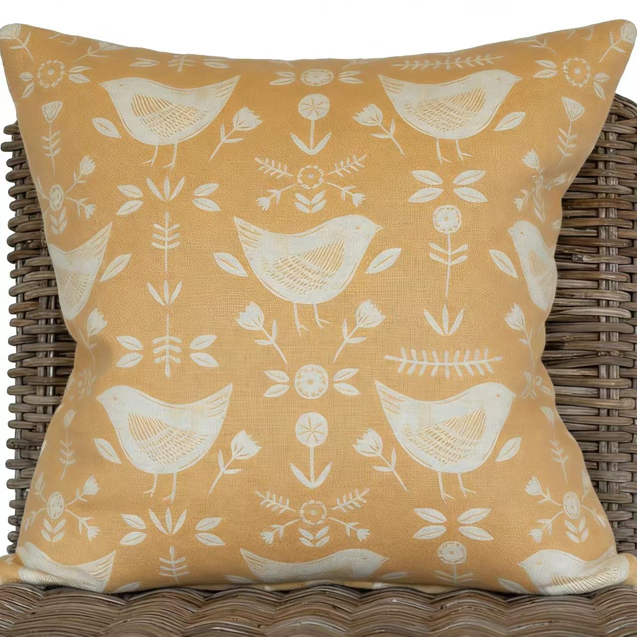 ZFENGYYUAN Scandinavian birds cushion cover LINEN Modern ochre mustard yellow with birds and Fryetts Narvik geometric floral design 18"x18" (45cm) Square Pillow Case ONE SIDE