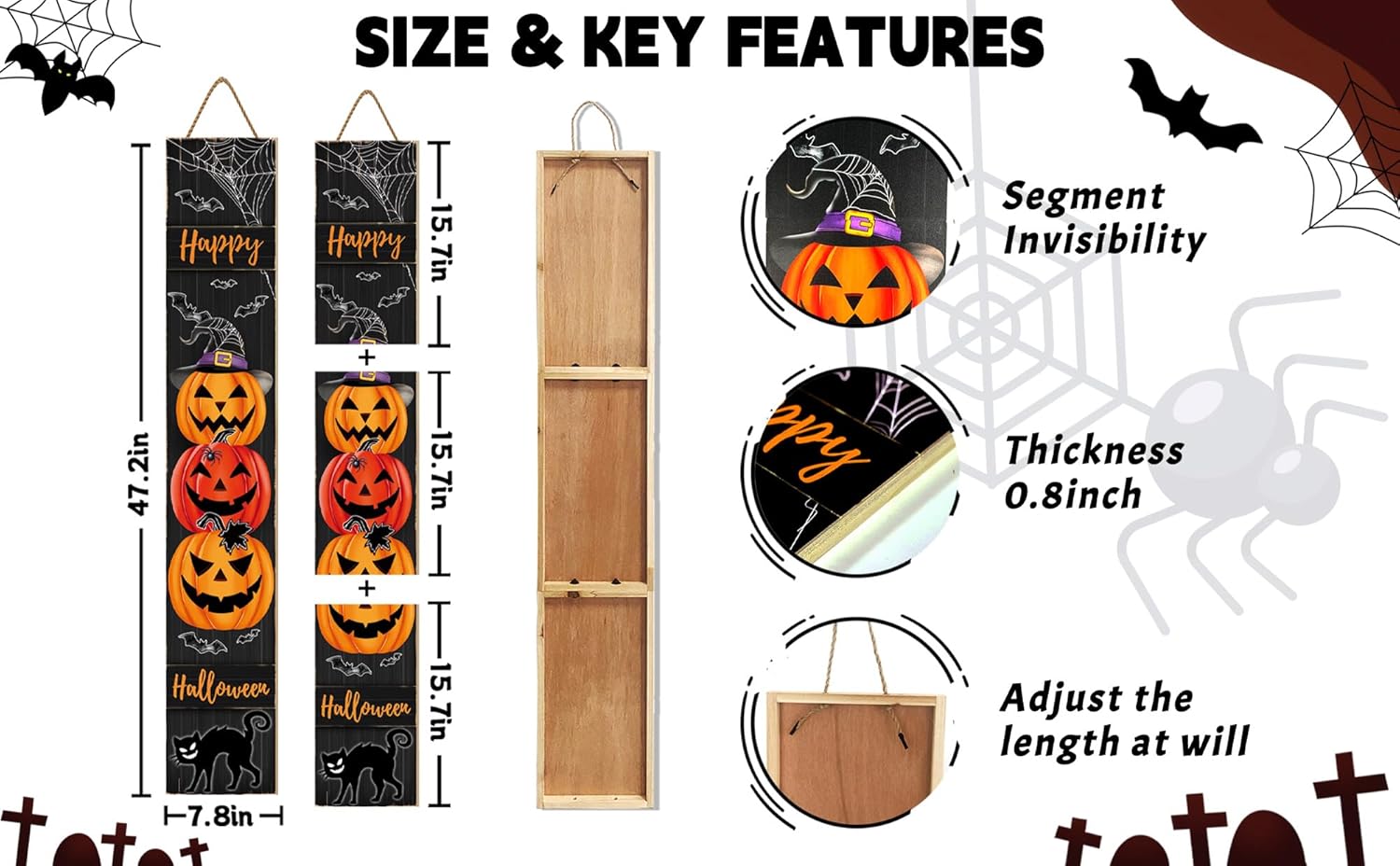 Halloween Porch Sign, Happy Halloween Sign for Front Porch, Scary Pumpkin Wooden Sign Yard, Vertical Wood Sign Standing for Patio Front Door Porch, Black Cat Witch Hat Decor for Holiday Home Party Wall Yard Indoor Outdoor Decoration, 47x8 inch