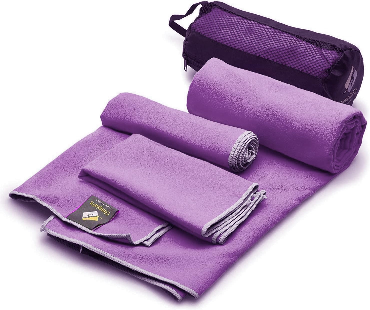 OlimpiaFit Quick Dry Towel - 3 Size Pack of Lightweight Microfiber Travel Towels w/Bag - Fast Drying Towel Set for Camping, Beach, Gym, Backpacking, Sports, Yoga & Swim Use