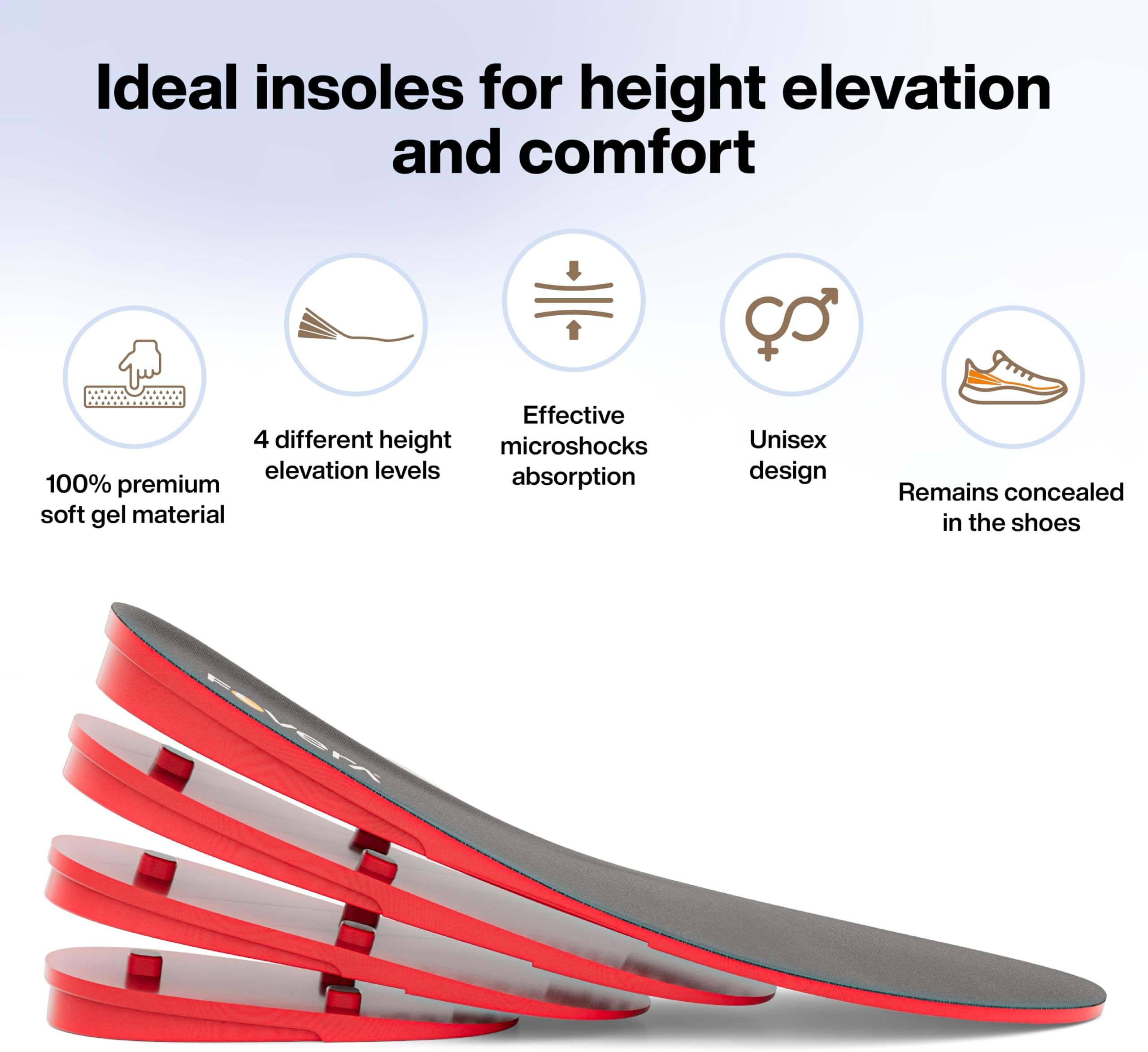 FOVERA Height Increasing Insoles - Gel Height Increase Insole for Shoe for Women - Heel Lift Shoe Pads with 4 Level of Height - Trim to Fit, Breathable Fabric (Regular: 5-9 UK, Pack of 1)