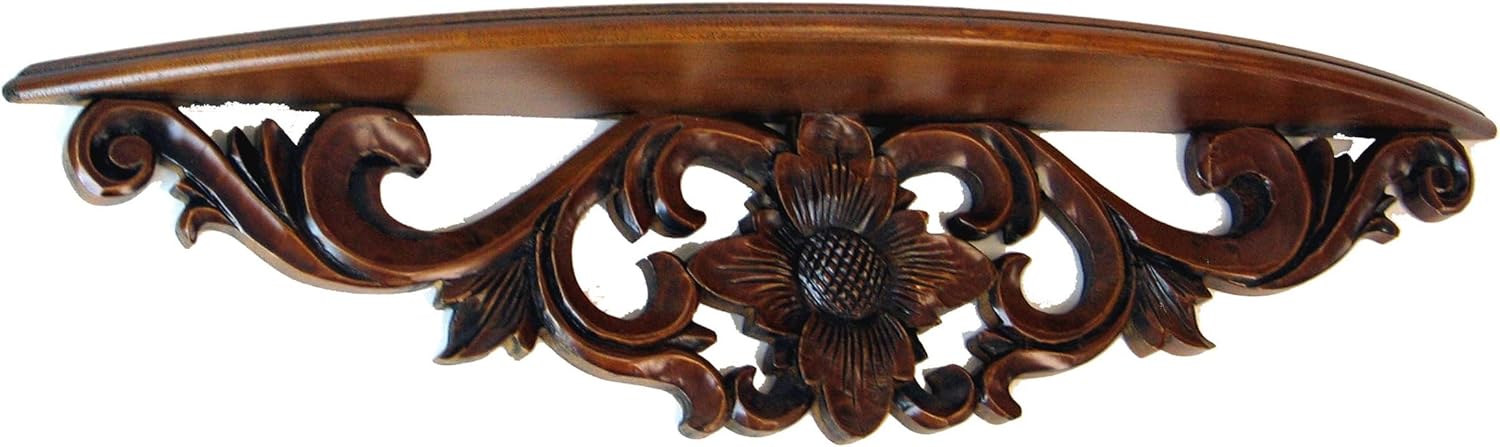 Benjara Hand Carved Wooden Moonbay Wall Shelf in Floral Design, Brown